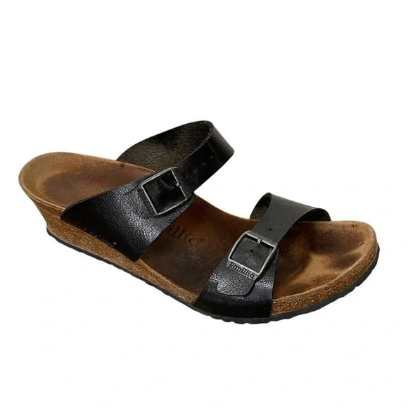 BIRKENSTOCK Papillio Dorothy Graceful Cork Wedge Leather Buckle Sandal Black 10 - Picture 2 of 15